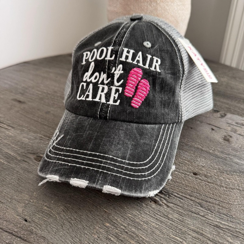 Pool Hair Don't Care Hat Distressed Trucker Cap KatyDid NWT Boutique